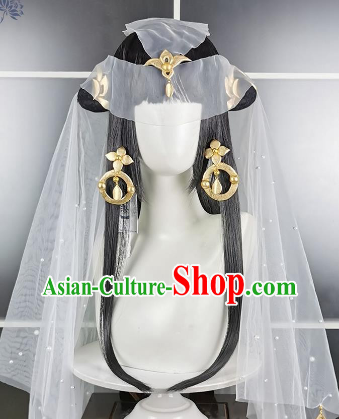 China Traditional Game Role Fairy Princess Hair Accessories Cosplay Imperial Consort Black Wigs and Hair Crown Headwear Ancient Young Beauty Hairpieces
