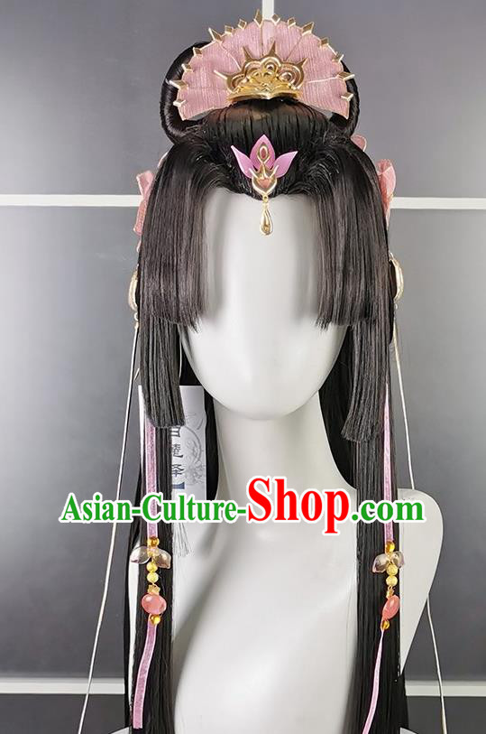 China Cosplay Fairy Princess Wigs and Hair Crown Headwear Ancient Young Beauty Hairpieces Traditional Game Role Swordswoman Hair Accessories