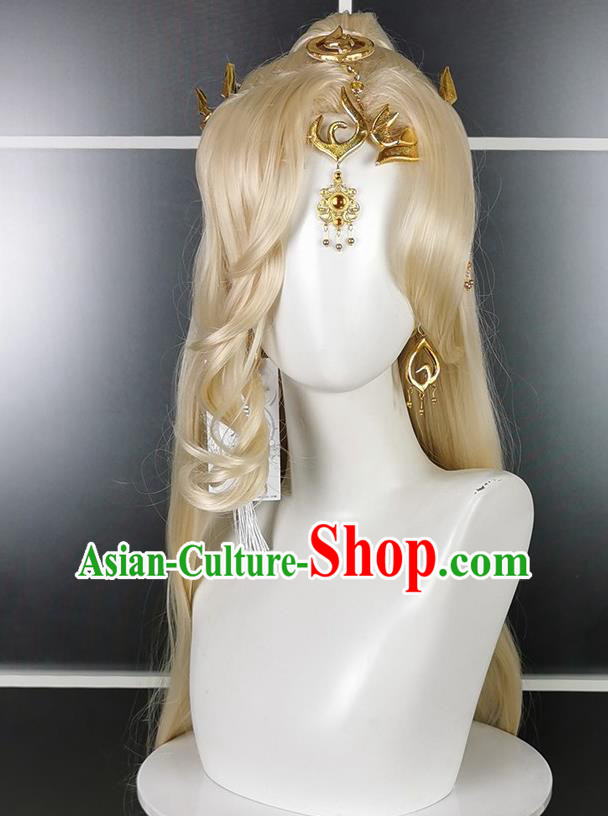 Chinese Cosplay Fairy Hairpieces Traditional Hanfu Goddess Golden Wigs Headdress Ancient Young Lady Hair Accessories