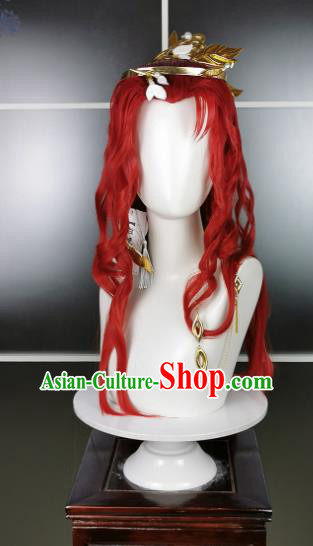 China Traditional Game Role Princess Hair Accessories Cosplay Swordswoman Red Wigs and Hair Crown Headwear Ancient Young Beauty Hairpieces