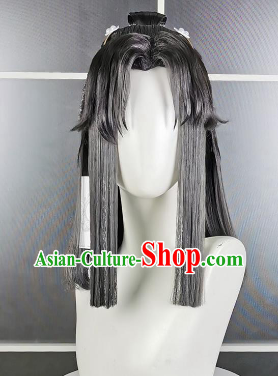 Chinese Cosplay Penglai Prince Hairpieces Traditional Handmade Front Lace Wigs Headdress Ancient Swordsman Hair Accessories