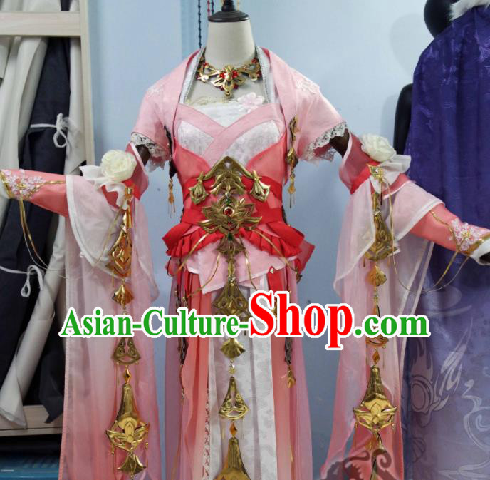 Custom Chinese Ancient Swordswoman Clothing Cosplay Fairy Princess Garment Costumes Traditional Female Knight Pink Dress Outfits