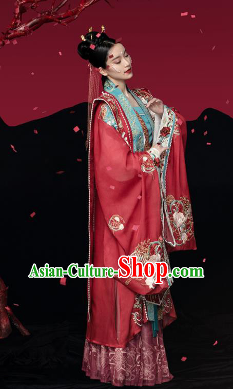 China Song Dynasty Empress Red Hanfu Dress Apparels Traditional Wedding Historical Clothing Ancient Court Beauty Garment Costumes