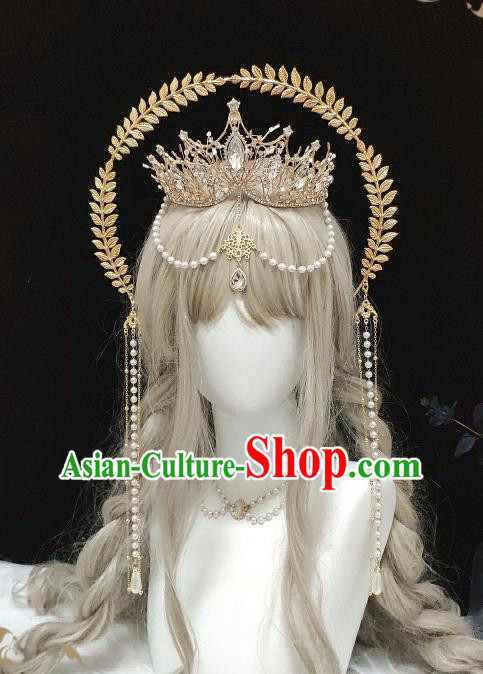 Handmade Baroque Queen Tiara Headpieces Cosplay Goddess Golden Royal Crown Halloween Performance Hair Accessories