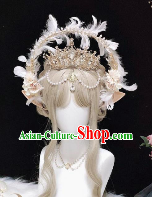 Handmade Baroque Queen Tiara and White Feather Aureole Headpieces Cosplay Goddess Royal Crown Halloween Performance Hair Accessories