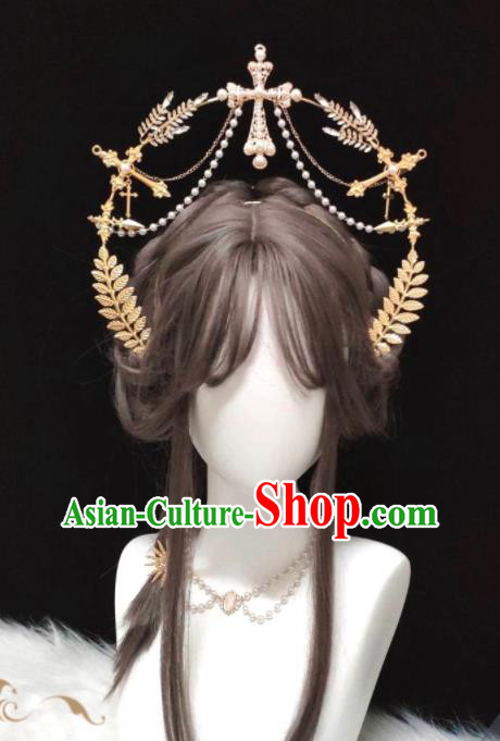 Handmade Retro Angel Hair Accessories Baroque Queen Golden Aureole Headpieces Cosplay Goddess Royal Crown