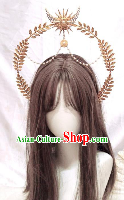 Handmade Baroque Queen Tiara Headdress Cosplay Angel Golden Royal Crown Retro Goddess Hair Accessories