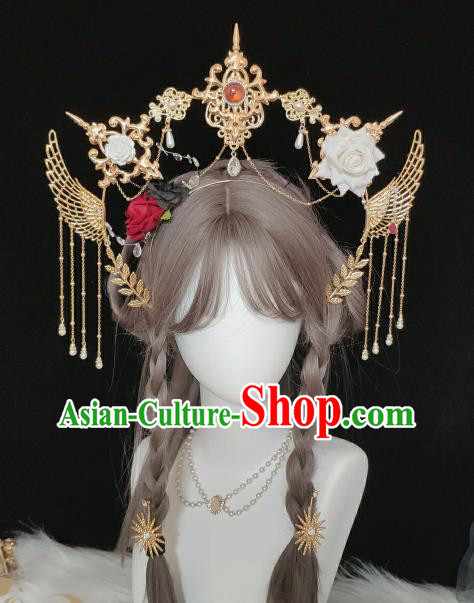 Handmade Baroque Queen Aureole Headdress Cosplay Angel Golden Tassel Royal Crown Retro Wedding Hair Accessories