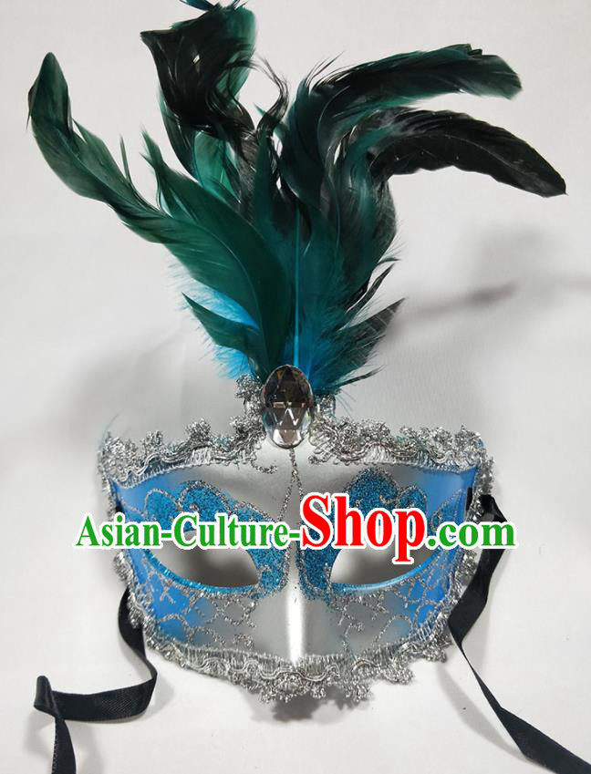 Handmade Halloween Feather Headdress Cosplay Angel Blue Mask Masque Face Accessories