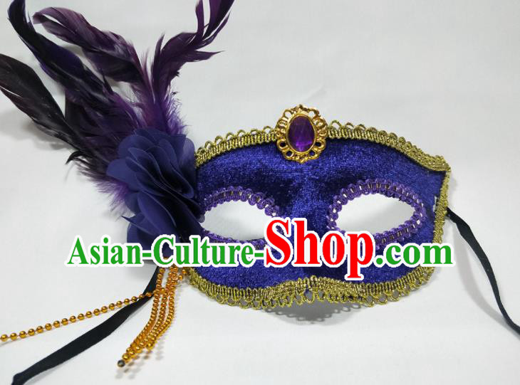 Handmade Cosplay Performance Mask Masque Face Accessories Stage Show Decorations Halloween Purple Feather Headdress