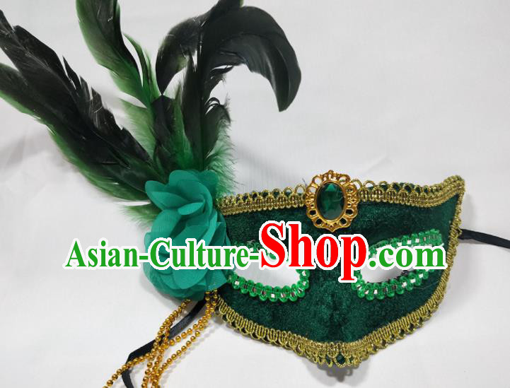 Handmade Stage Show Decorations Halloween Green Feather Headdress Cosplay Performance Mask Masque Face Accessories