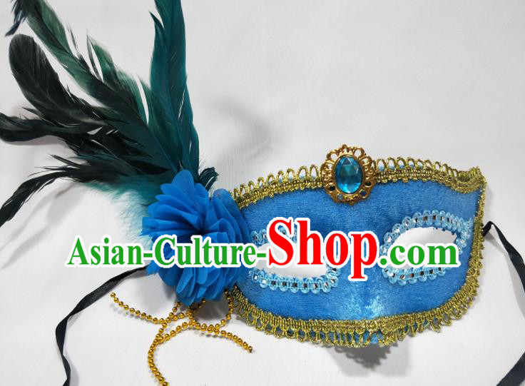 Handmade Masque Face Accessories Stage Show Decorations Halloween Blue Feather Headdress Cosplay Performance Mask