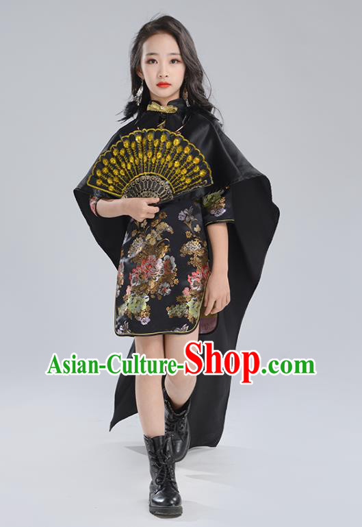 Custom Children Catwalks Clothing Girl Black Qipao Dress Compere Garment Costumes Stage Show Fashion
