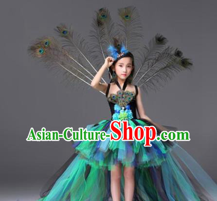 Custom Girl Blue Veil Trailing Dress Compere Garment Costumes Children Stage Show Fashion Catwalks Clothing