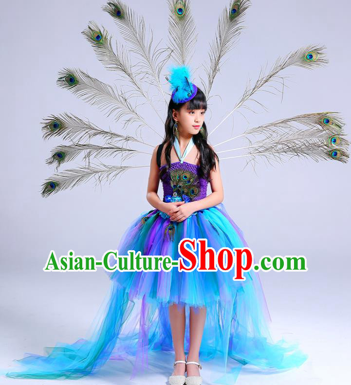 Custom Girl Catwalks Clothing Blue Veil Trailing Dress Compere Garment Costumes Children Stage Show Fashion