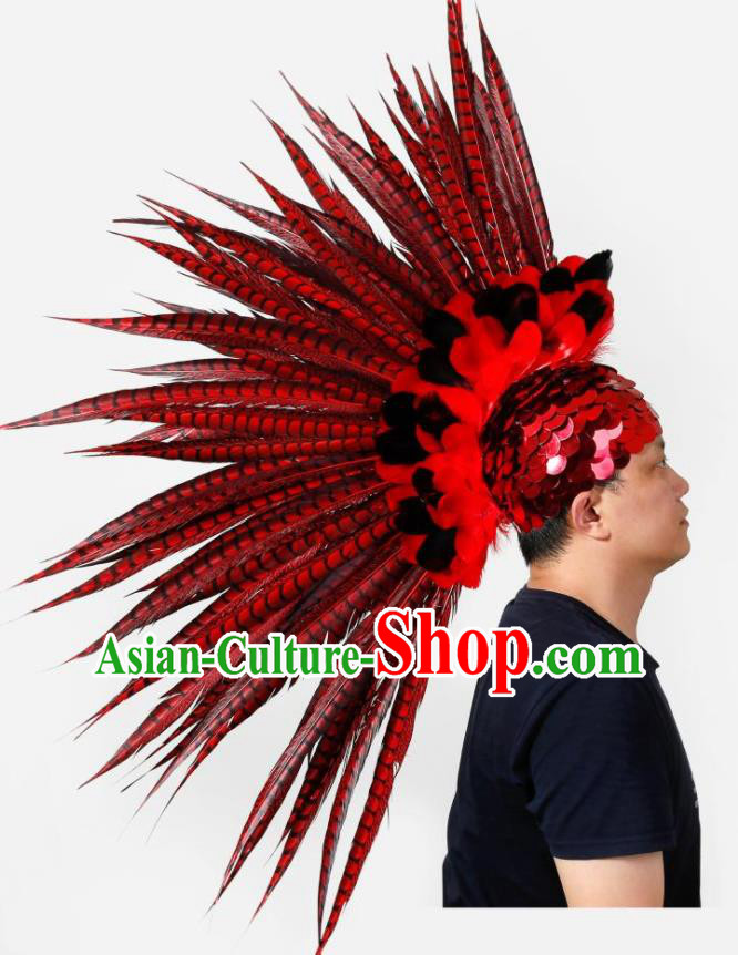 Handmade Halloween Male Headwear Stage Performance Hair Accessories Rio Carnival Red Feather Hat Cosplay Warrior Headdress