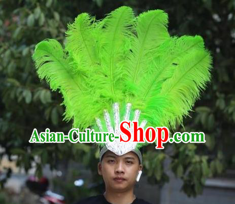 Handmade Stage Performance Hair Accessories Samba Dance Hair Crown Rio Carnival Green Ostrich Feather Hat Halloween Male Headwear