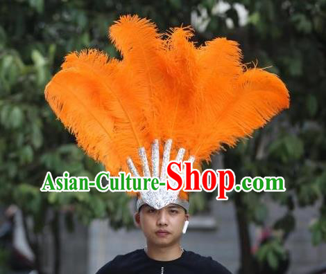 Handmade Halloween Cosplay Headwear Stage Performance Hair Accessories Samba Dance Hair Crown Rio Carnival Orange Ostrich Feather Hat