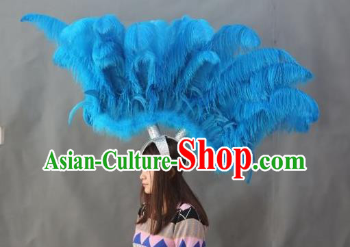 Handmade Samba Dance Hair Accessories Rio Carnival Blue Ostrich Feather Hat Halloween Cosplay Headwear Stage Performance Giant Hair Crown