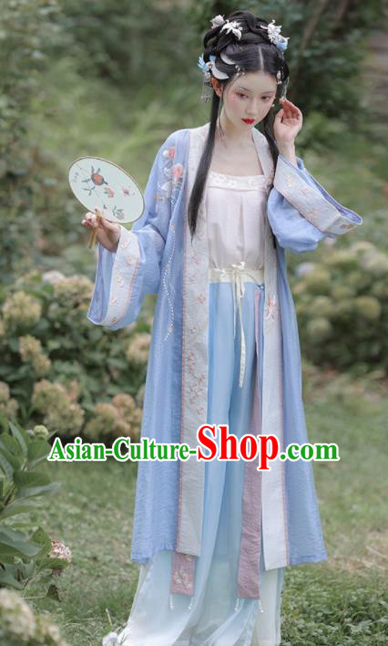China Ancient Young Lady Garment Costumes Song Dynasty Historical Clothing Traditional Civilian Woman Blue Hanfu Dress Uniforms