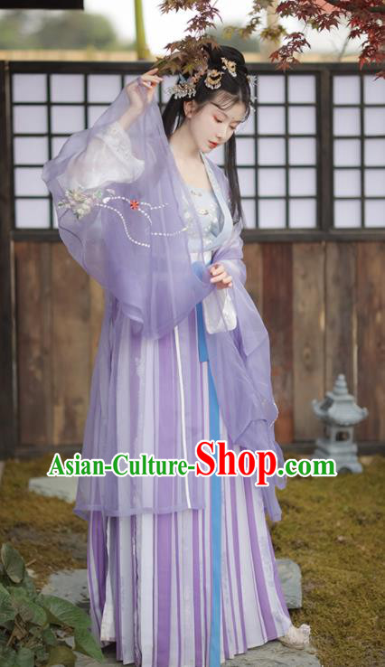 China Ancient Imperial Concubine Garment Costumes Song Dynasty Historical Clothing Traditional Court Beauty Lilac Hanfu Dress Apparels
