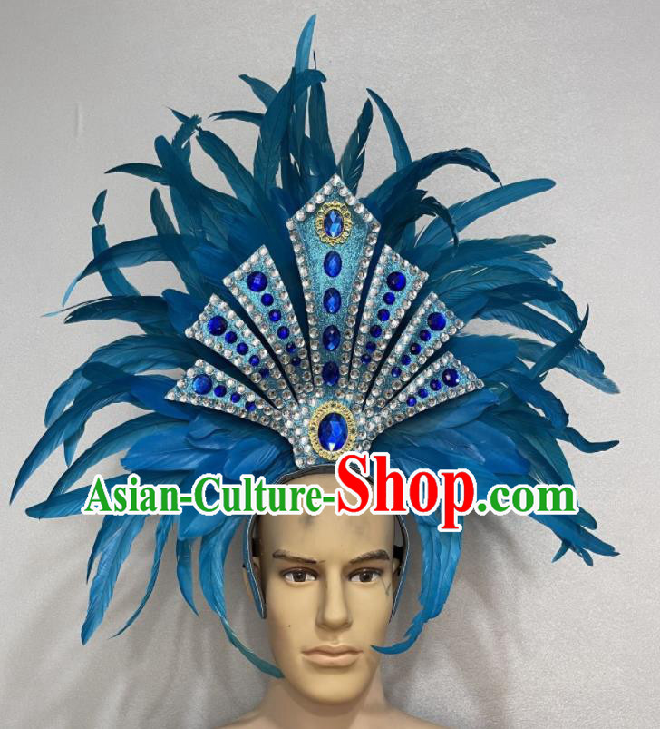 Custom Opening Dance Deluxe Blue Feather Hair Crown Halloween Performance Headdress Brazil Parade Giant Hat Samba Dance Hair Accessories