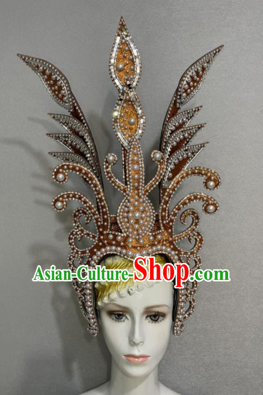 Custom Halloween Opening Dance Headdress Brazil Parade Golden Hat Samba Dance Hair Accessories Catwalks Pearls Hair Crown