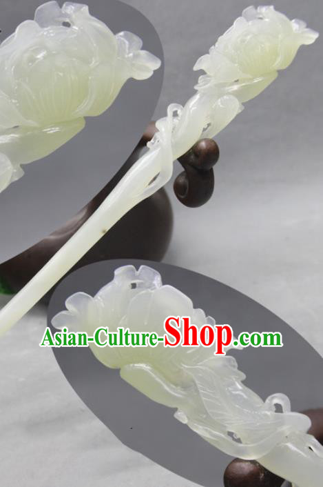 China Traditional Jade Carving Peony Hairpin Ancient Swordswoman Hair Stick Handmade Cheongsam Hair Accessories
