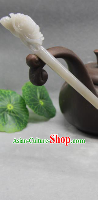 China Handmade Cheongsam Hair Accessories Traditional Jade Carving Peony Hairpin Ancient Princess Hair Stick