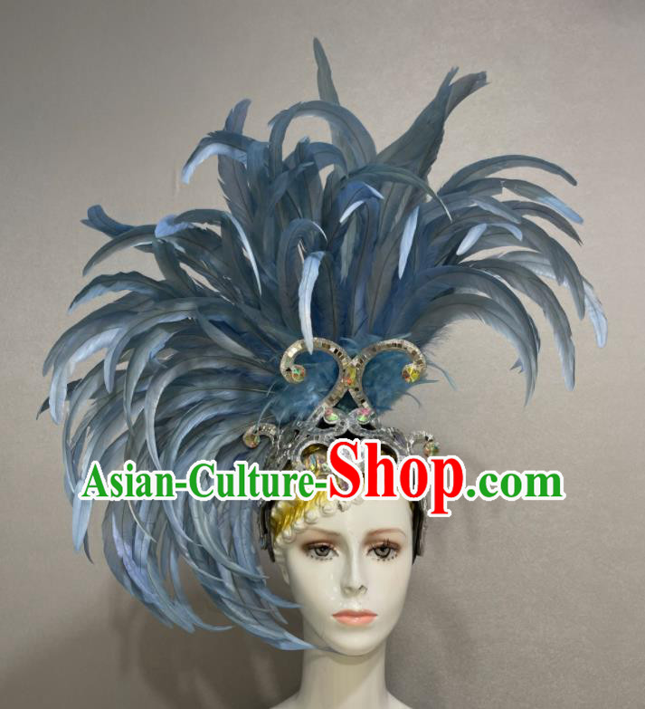 Custom Halloween Catwalks Giant Hair Crown Opening Dance Headdress Brazil Parade Blue Feather Hat Samba Dance Hair Accessories