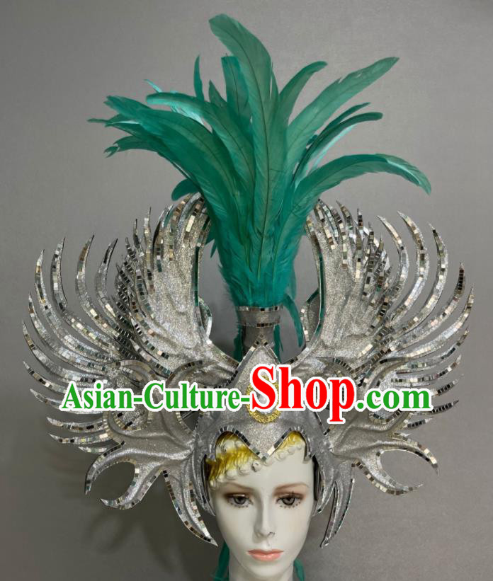 Custom Samba Dance Hair Accessories Halloween Catwalks Giant Argent Hair Crown Opening Dance Headdress Brazil Parade Green Feather Hat