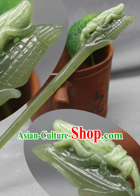 China Handmade Jade Carving Corn Hairpin Classical Hair Accessories Traditional Cheongsam Headpiece Ancient Swordswoman Hair Stick