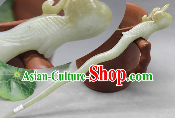 China Classical Hetian Jade Headpiece Handmade Carving Peacock Hairpin Traditional Hair Accessories Ancient Princess Hair Stick