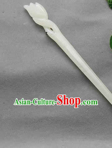 China Classical Carving Mangnolia Headpiece Handmade Hetian Jade Hairpin Traditional Hanfu Hair Accessories Ancient Princess Hair Stick