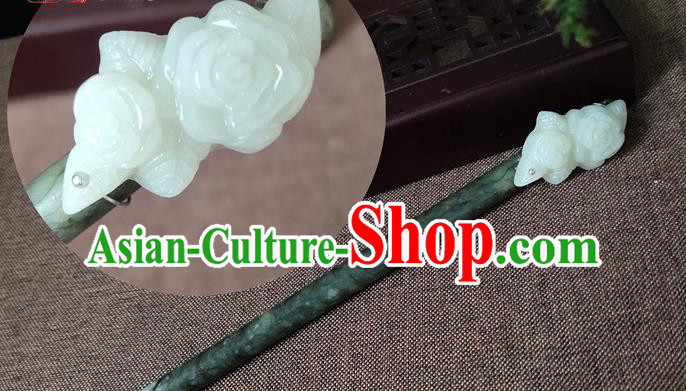 China Jade Rose Hair Stick Classical Cheongsam Headpiece Handmade Carving Hairpin Traditional Hair Accessories