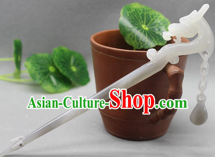 China Handmade Jade Carving Dragon Hairpin Traditional Hair Accessories Ancient Swordsman Tassel Hair Stick Classical Headpiece
