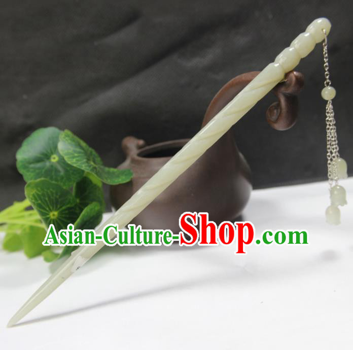 China Classical Tassel Headpiece Handmade Jade Carving Hairpin Traditional Cheongsam Hair Accessories Women Hair Stick