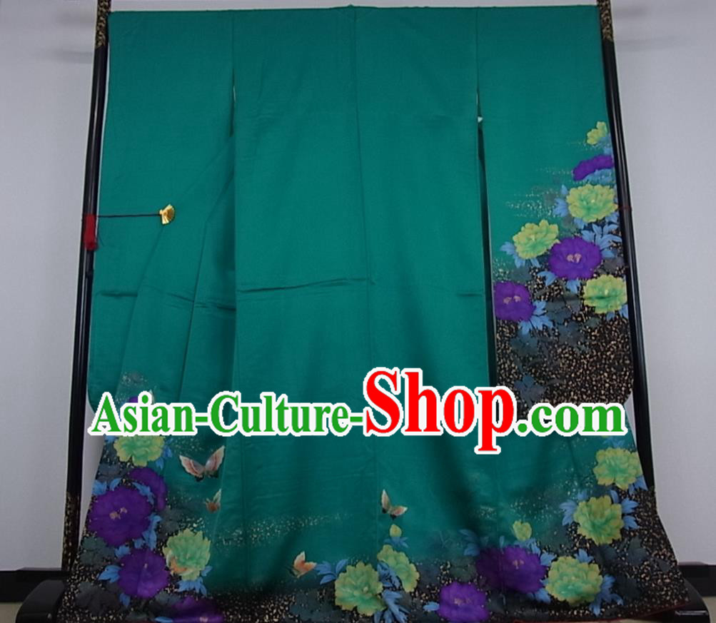 Japanese Court Woman Green Yukata Dress Traditional Clothing Classical Butterfly Peony Pattern Furisode Kimono Costume