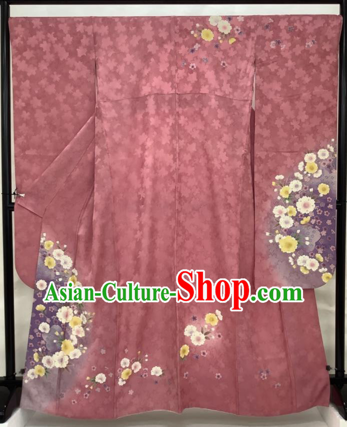 Japanese Classical Sakura Pattern Furisode Kimono Costume Young Woman Pink Silk Yukata Dress Traditional Court Clothing