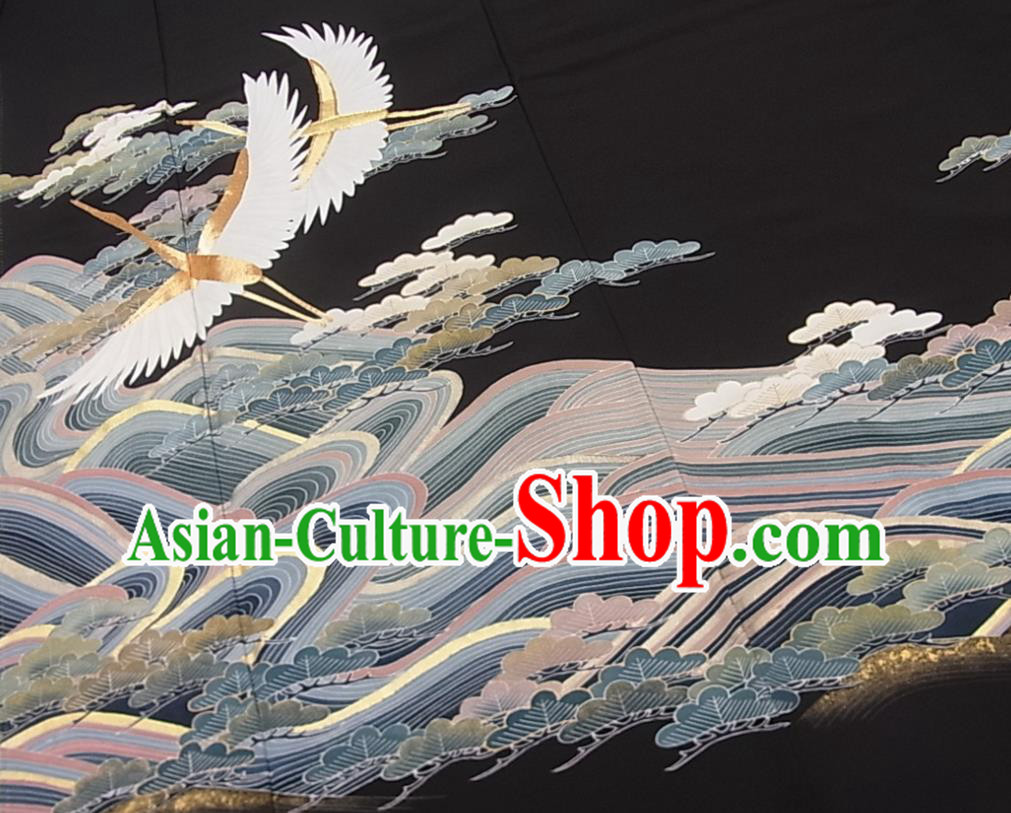 Japanese Traditional Festival Clothing Classical Cranes Pattern Kurotomesode Kimono Elderly Woman Black Yukata Dress