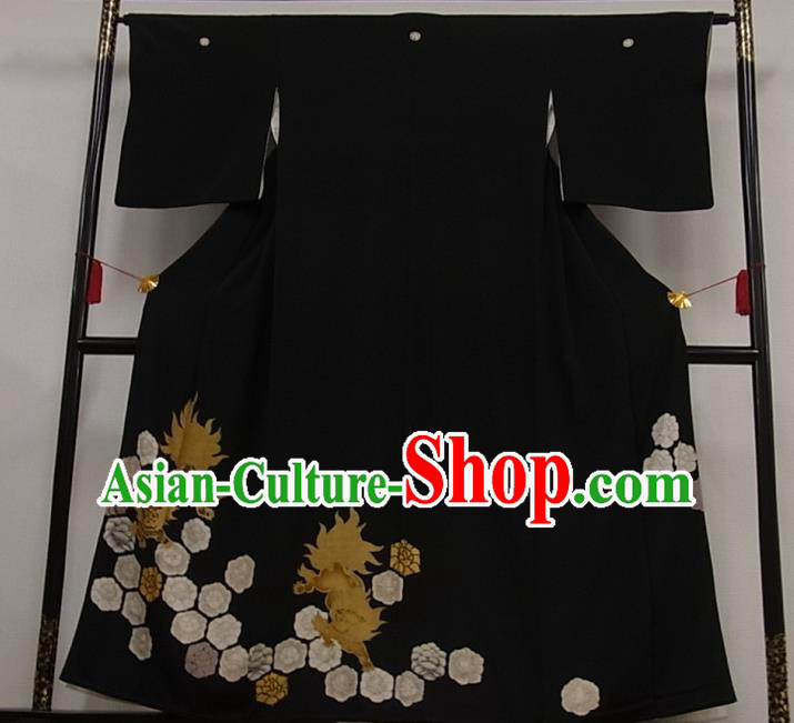 Japan Classical Lion Pattern Black Yukata Robe Male Garment Costume Traditional Tsukesage Kimono Clothing
