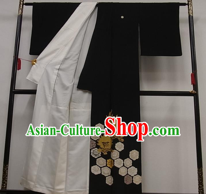Japan Classical Lion Pattern Black Yukata Robe Male Garment Costume Traditional Tsukesage Kimono Clothing