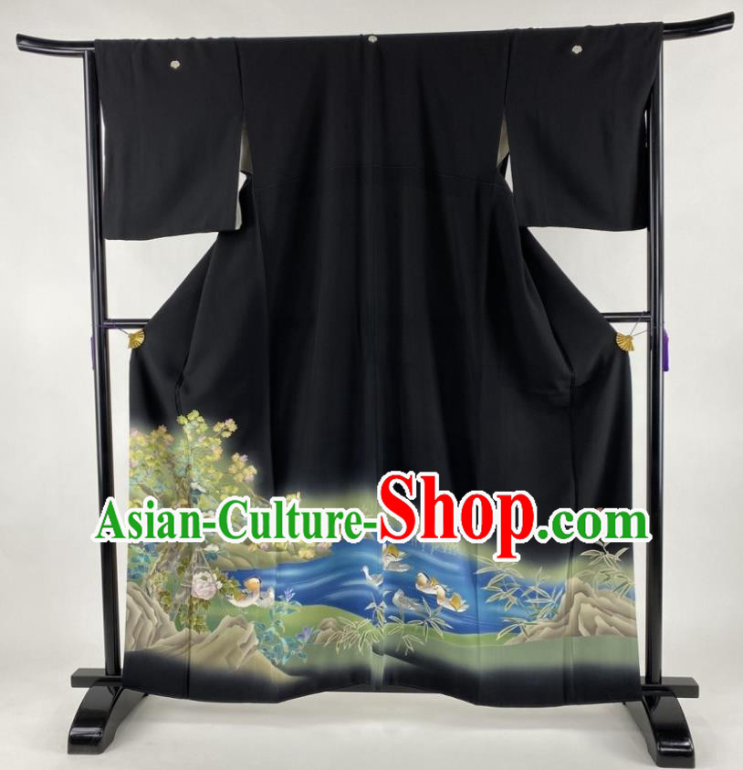 Japanese Elderly Woman Black Yukata Dress Traditional Festival Clothing Classical Mandarin Duck Pattern Tsukesage Kimono Costume
