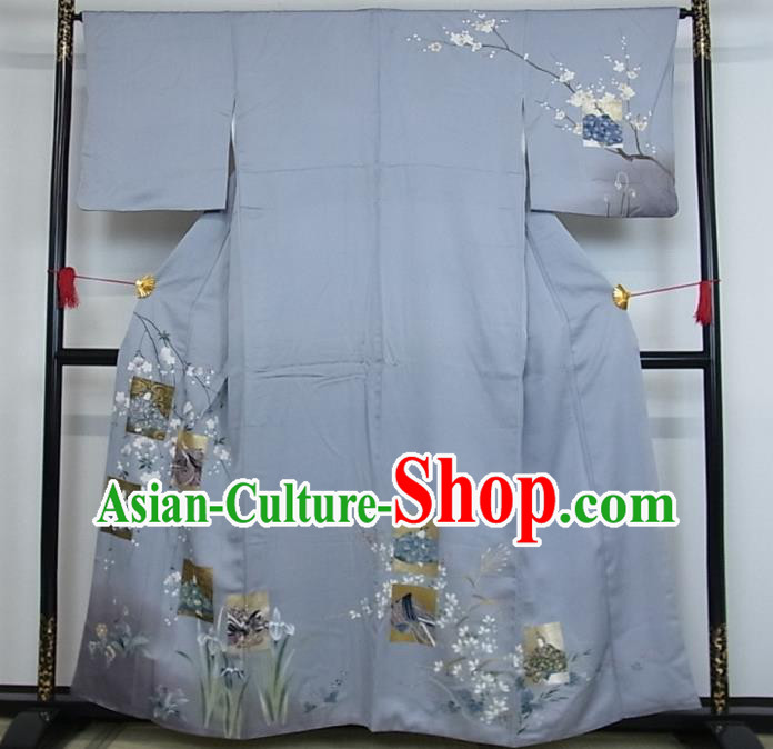 Japanese Young Woman Blue Yukata Dress Traditional Festival Performance Clothing Classical Plum Orchids Pattern Tsukesage Kimono Costume