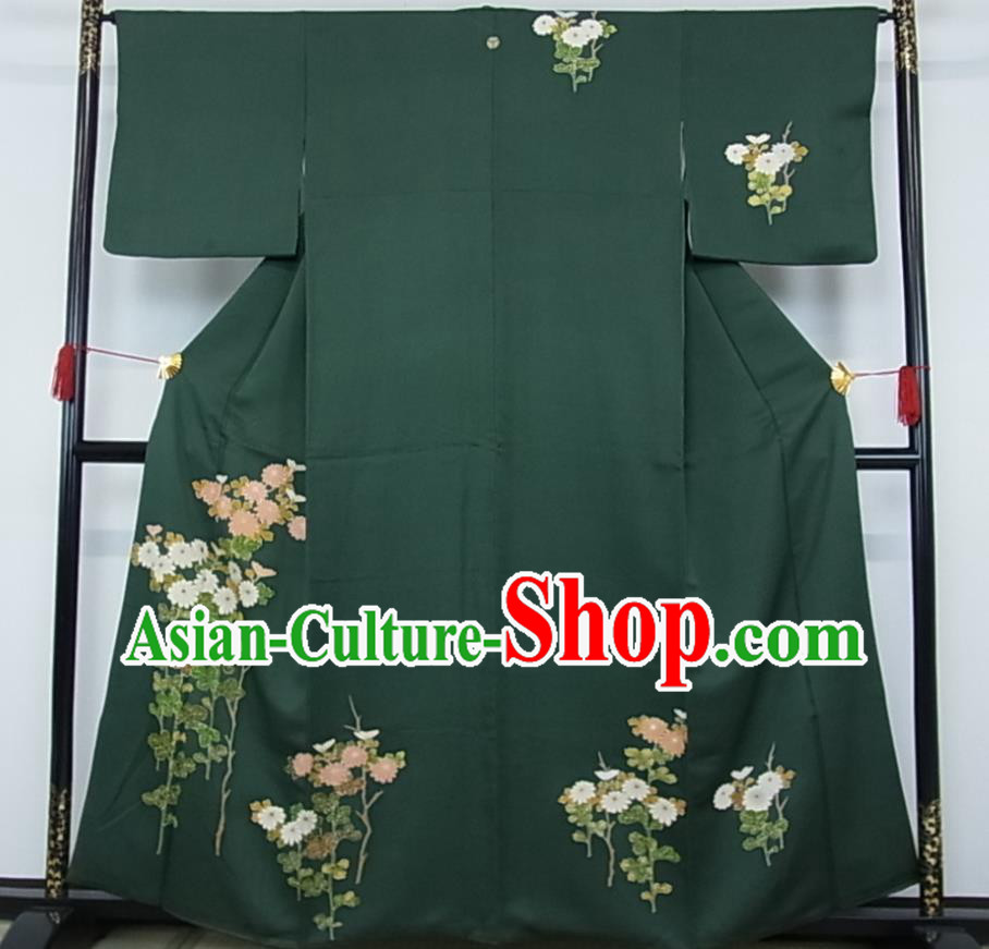 Japanese Traditional Ceremony Clothing Classical Chrysanthemum Pattern Tsukesage Kimono Costume Noble Woman Deep Green Yukata Dress