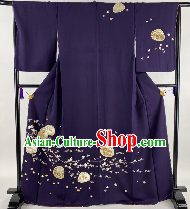 Japanese Noble Woman Deep Purple Yukata Dress Traditional Ceremony Clothing Classical Chrysanthemum Pattern Tsukesage Kimono Costume