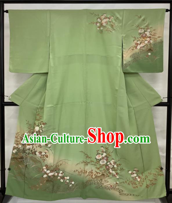 Japanese Traditional Ceremony Clothing Classical Chrysanthemum Pattern Tsukesage Kimono Costume Young Female Green Yukata Dress
