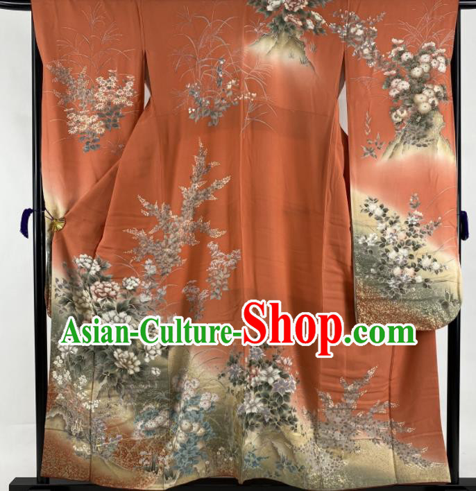 Japanese Classical Peony Pattern Furisode Kimono Costume Court Woman Orange Yukata Dress Traditional Wedding Bride Clothing