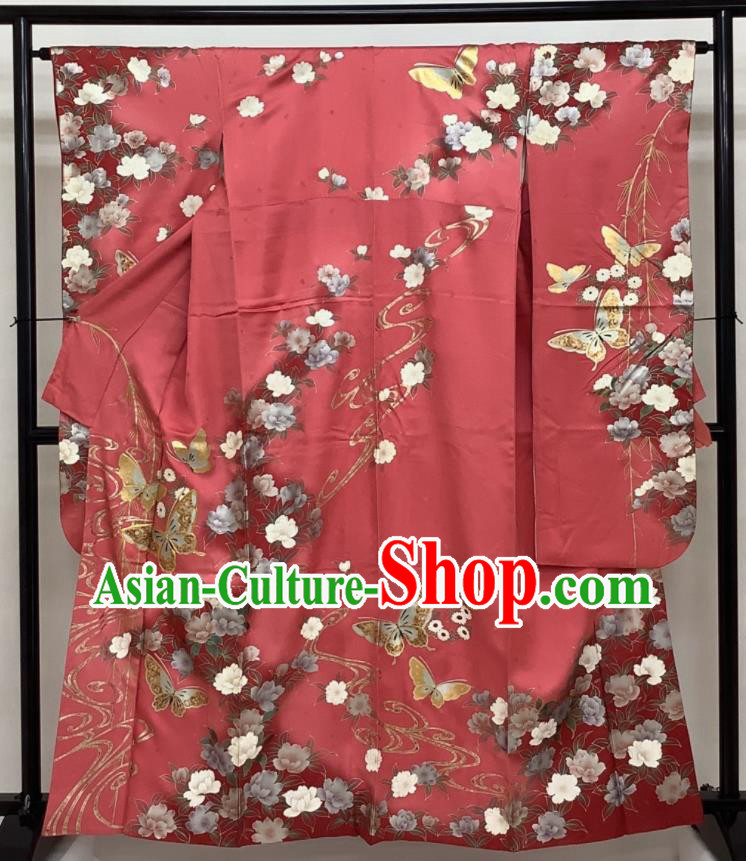 Japanese Traditional Wedding Ceremony Clothing Classical Peony Butterfly Pattern Furisode Kimono Costume Bride Pink Silk Yukata Dress