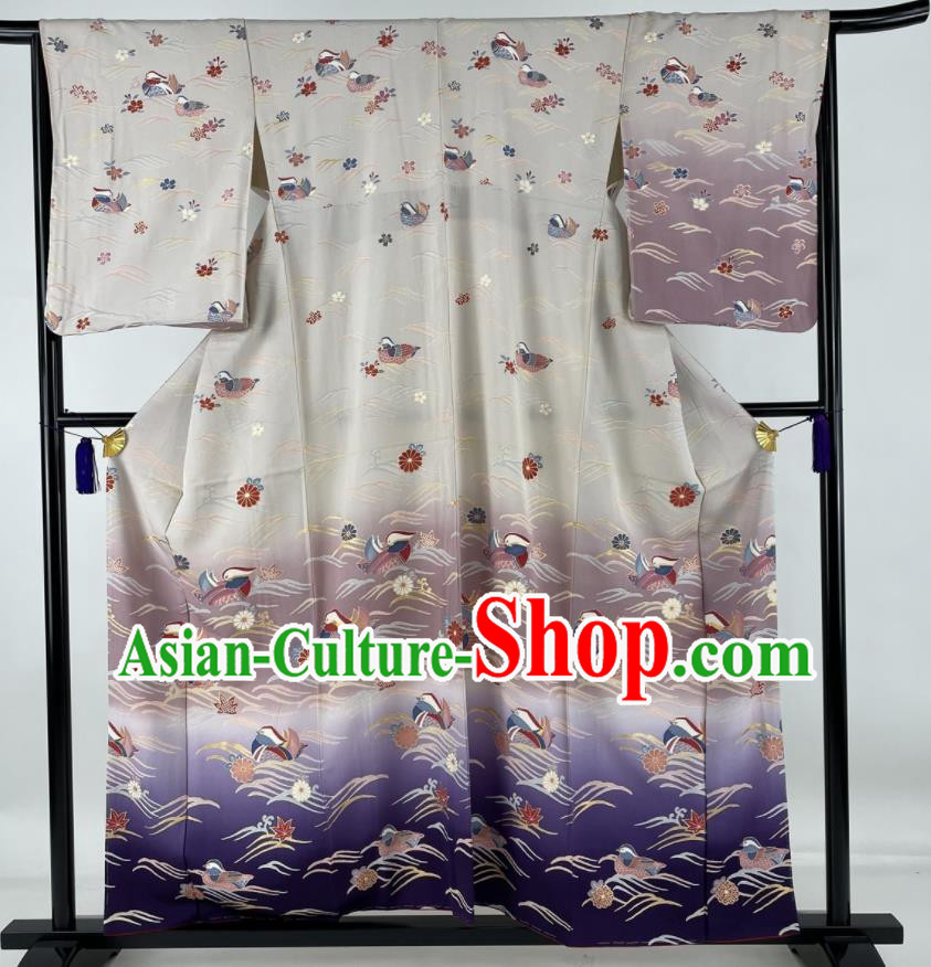Japanese Young Woman Silk Yukata Dress Traditional Wedding Clothing Classical Mandarin Duck Pattern Tsukesage Kimono Costume